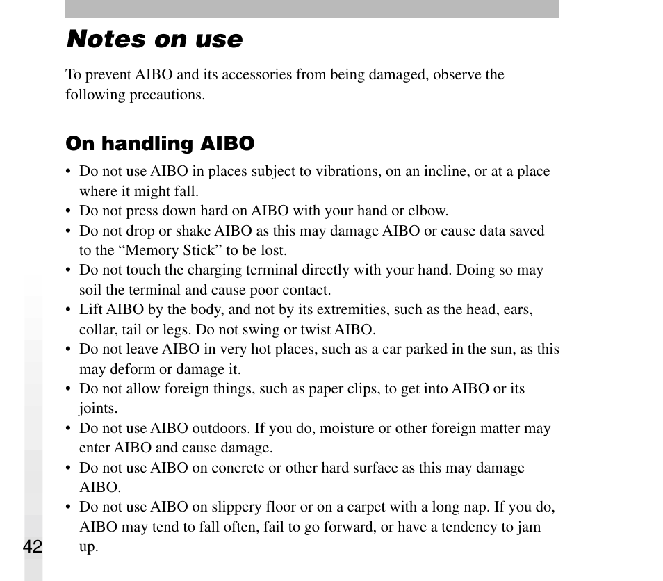 On handling aibo | Sony ERS-31L User Manual | Page 42 / 64