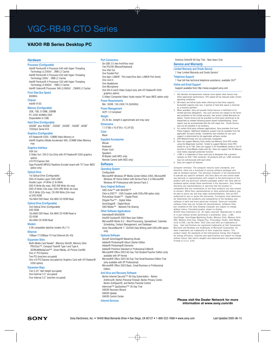 Vgc-rb49 cto series, Vaio® rb series desktop pc | Sony VGC-RB49 User Manual | Page 2 / 2