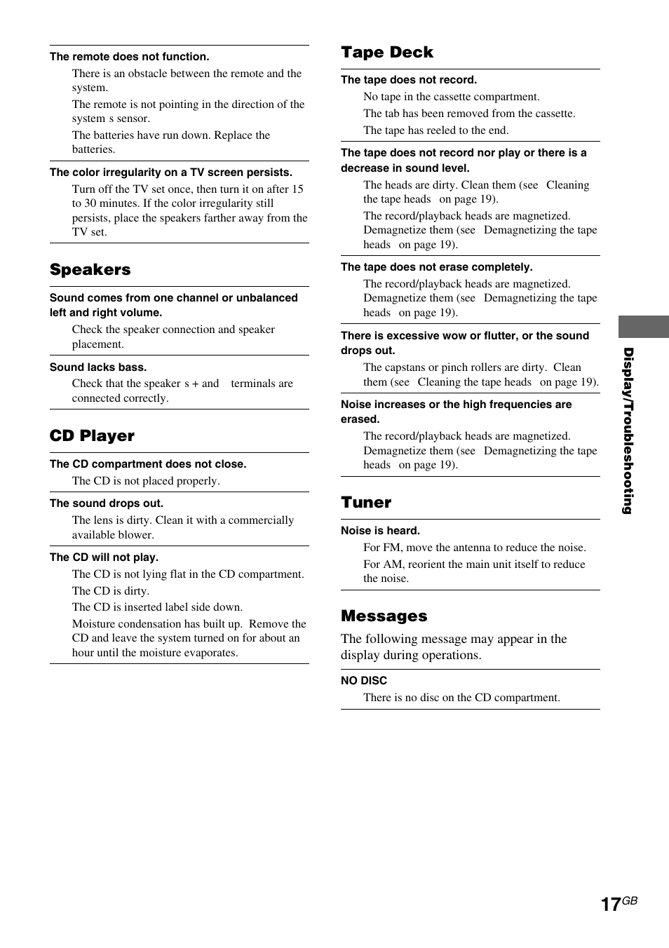 Speakers, Cd player, Tape deck | Tuner, Messages | Sony CMT-EP305  EN User Manual | Page 17 / 20