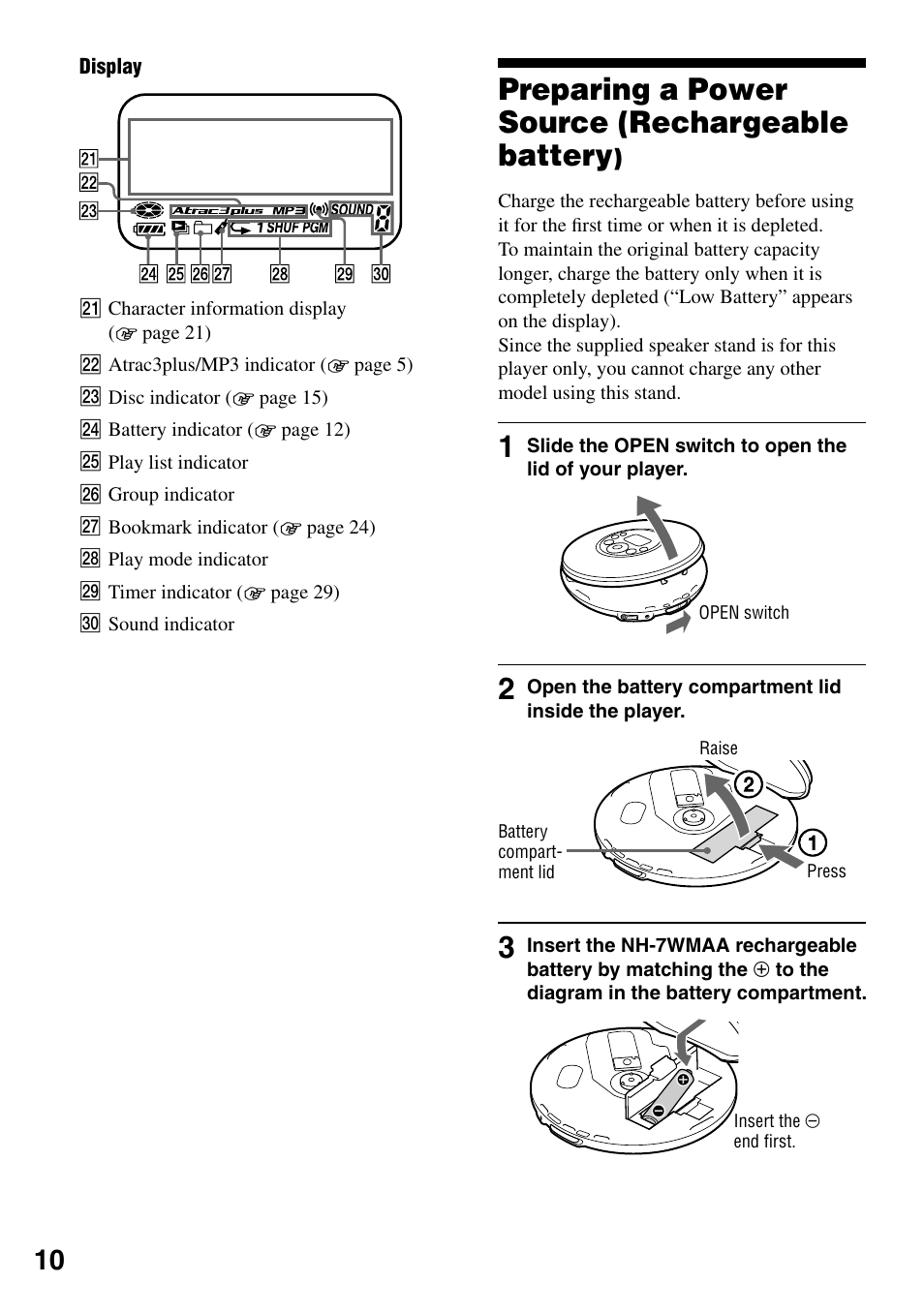 Preparing a power source (rechargeable battery), Preparing a power source, Rechargeable battery) | Preparing a power source (rechargeable battery | Sony D-NE329SP User Manual | Page 10 / 39