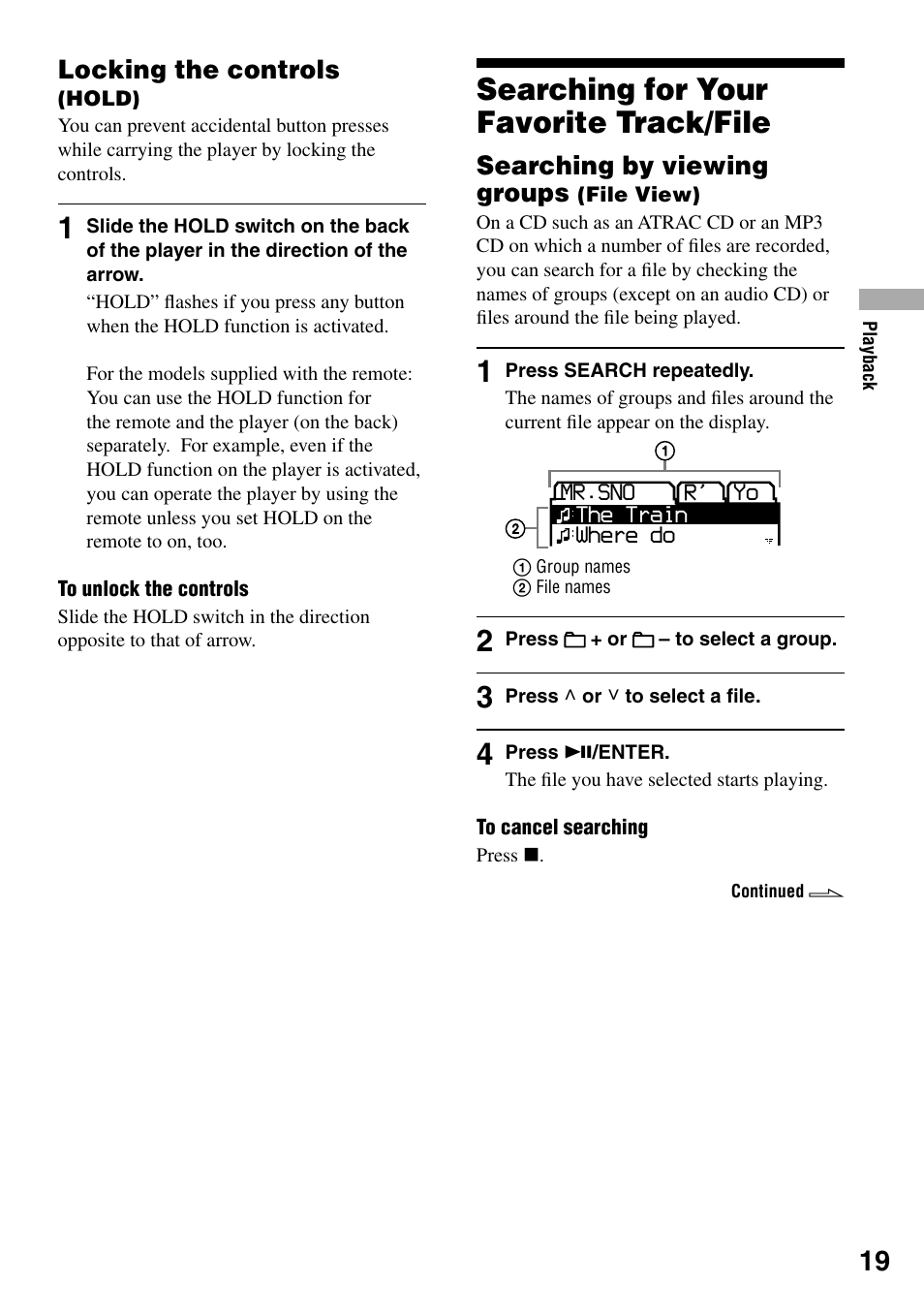 Locking the controls (hold), Searching for your favorite track/file, Searching by viewing groups (file view) | Searching by viewing groups (file view) 19, Locking the controls, Searching by viewing groups | Sony D-NE329SP User Manual | Page 19 / 39