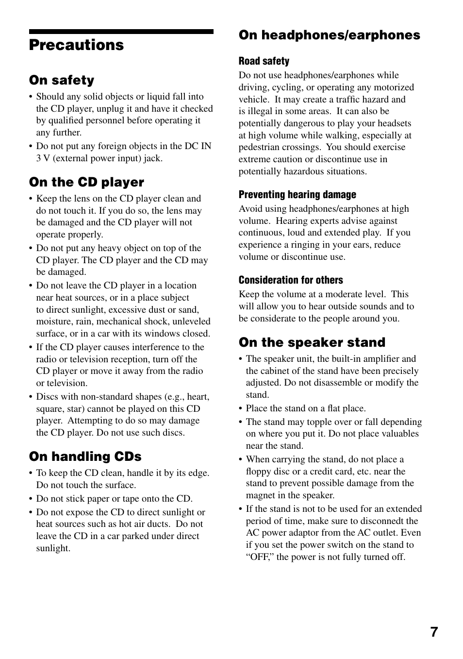 Precautions, On safety, On the cd player | On handling cds, On headphones/earphones, On the speaker stand | Sony D-NE329SP User Manual | Page 7 / 39