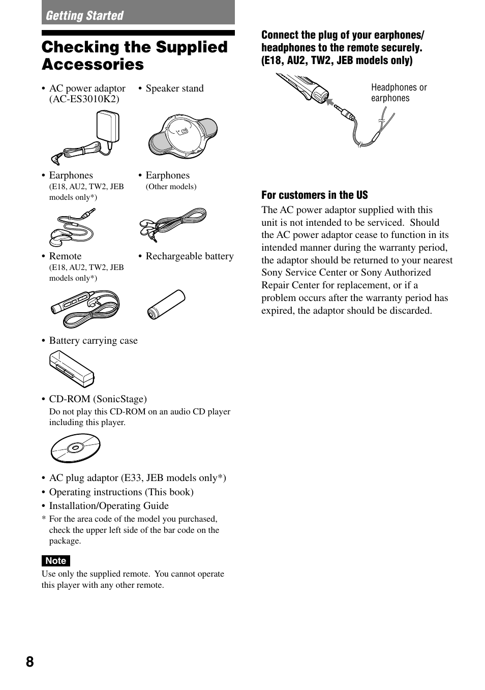 Getting started, Checking the supplied accessories | Sony D-NE329SP User Manual | Page 8 / 39