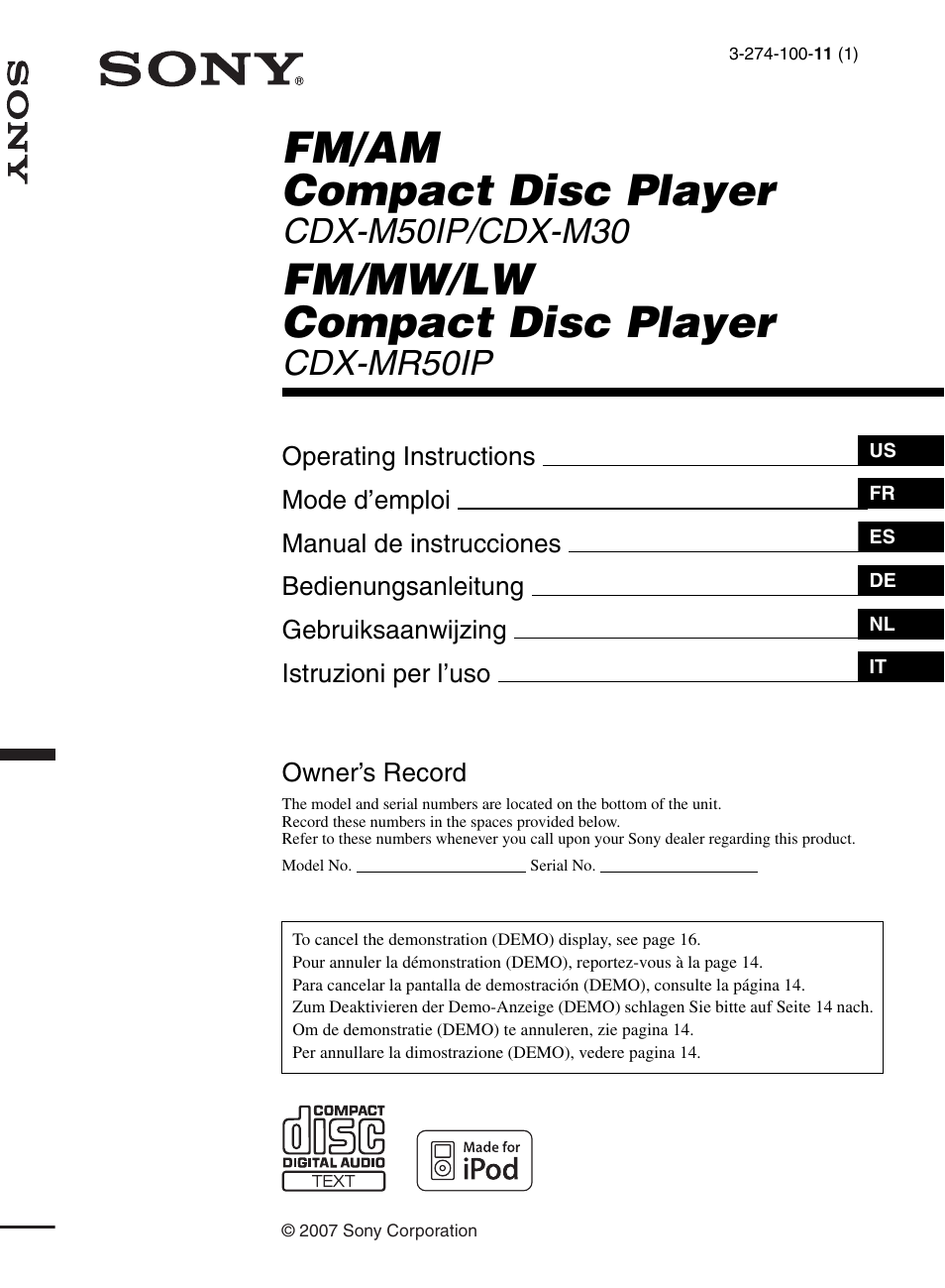 Sony CDX-M50IP User Manual | 144 pages