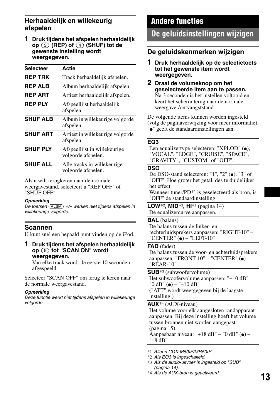 Herhaaldelijk en willekeurig afspelen, Scannen, Andere functies | De geluidsinstellingen wijzigen, De geluidskenmerken wijzigen, Herhaaldelijk en willekeurig afspelen scannen, Andere functies de geluidsinstellingen wijzigen | Sony CDX-M50IP User Manual | Page 109 / 144