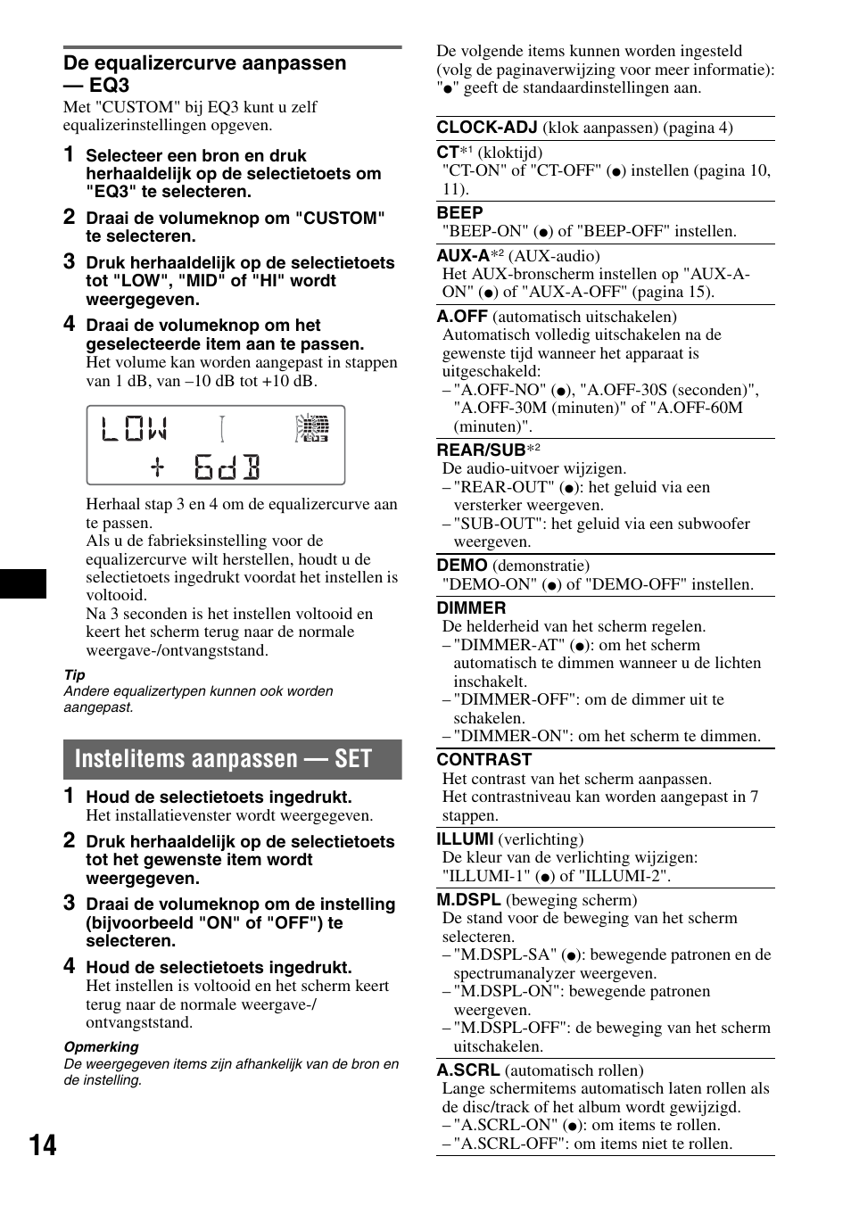 De equalizercurve aanpassen - eq3, Instelitems aanpassen - set, De equalizercurve aanpassen — eq3 | Instelitems aanpassen — set | Sony CDX-M50IP User Manual | Page 110 / 144