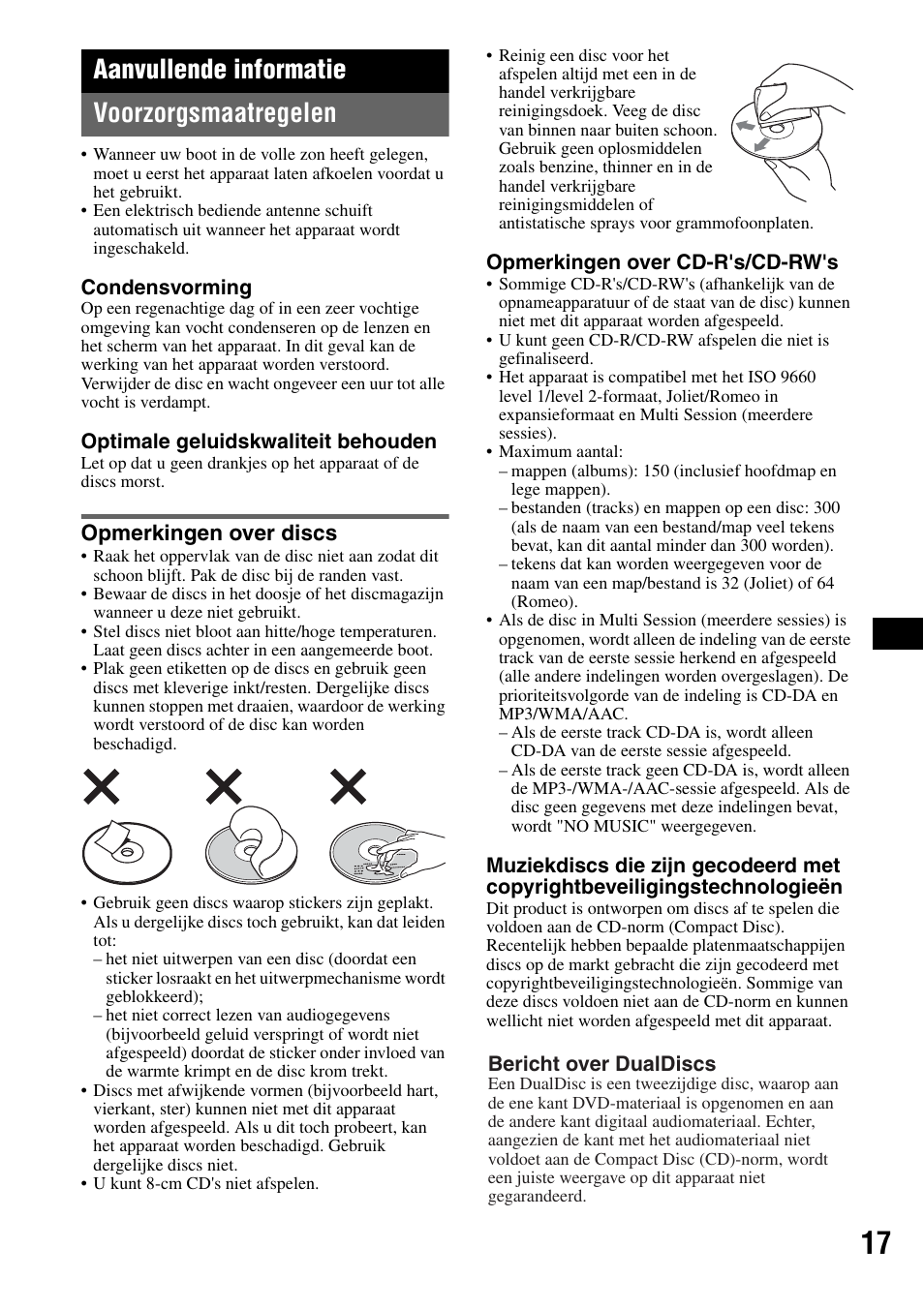 Aanvullende informatie, Voorzorgsmaatregelen, Opmerkingen over discs | Aanvullende informatie voorzorgsmaatregelen | Sony CDX-M50IP User Manual | Page 113 / 144