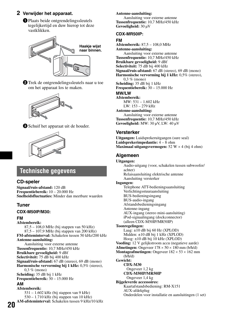 Technische gegevens | Sony CDX-M50IP User Manual | Page 116 / 144