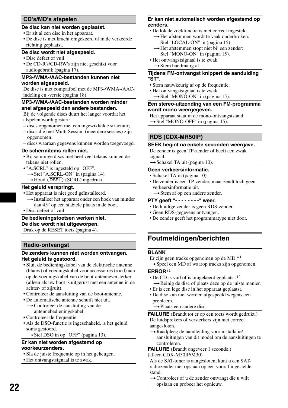 Foutmeldingen/berichten | Sony CDX-M50IP User Manual | Page 118 / 144