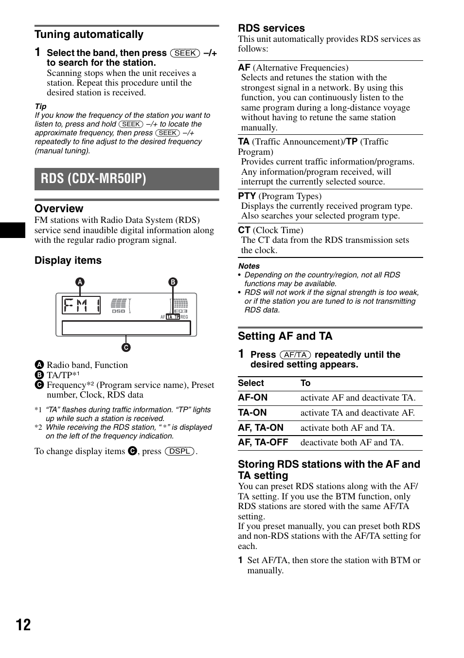 Tuning automatically, Rds (cdx-mr50ip), Overview | Setting af and ta, Overview setting af and ta | Sony CDX-M50IP User Manual | Page 12 / 144