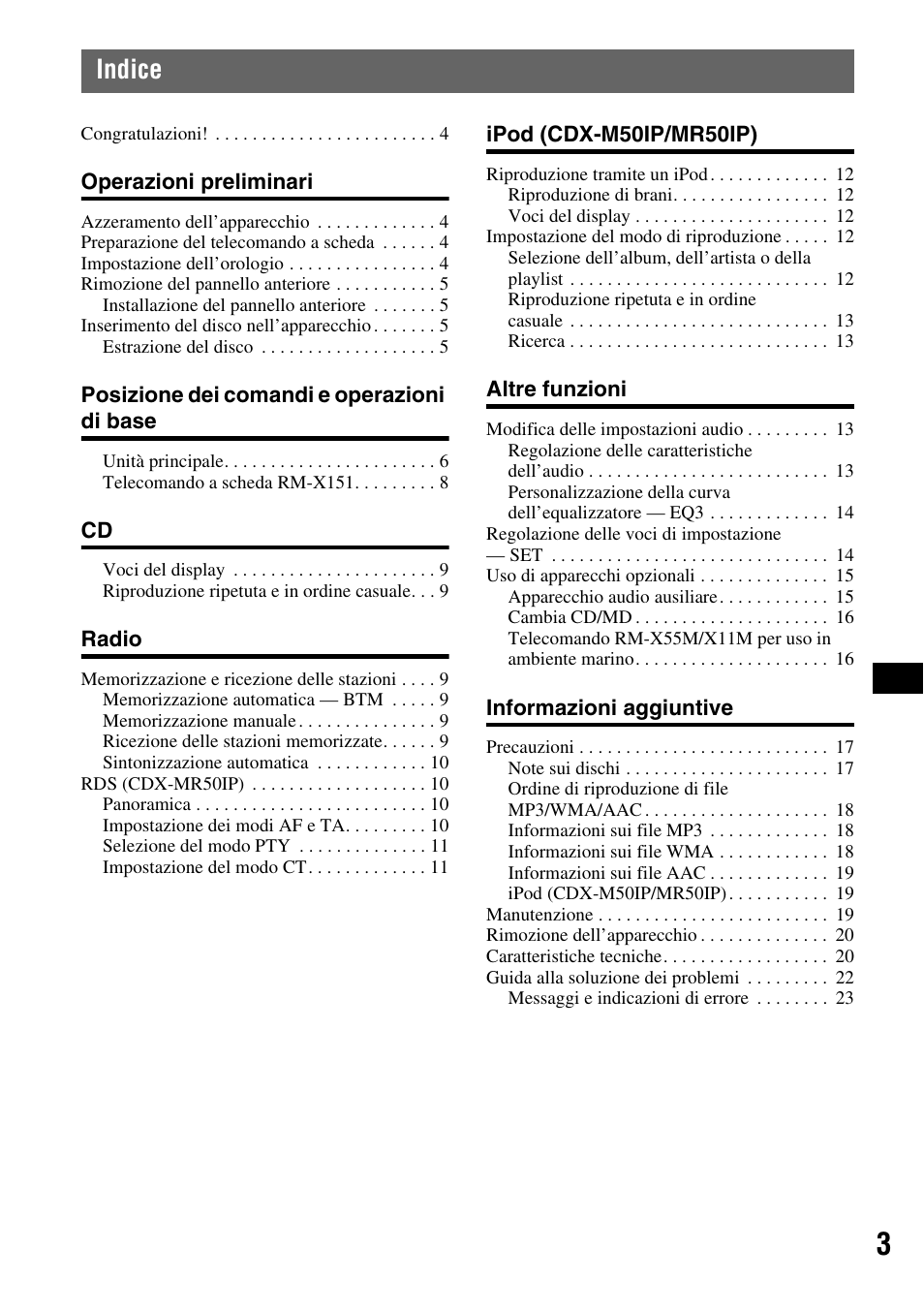 Indice | Sony CDX-M50IP User Manual | Page 121 / 144
