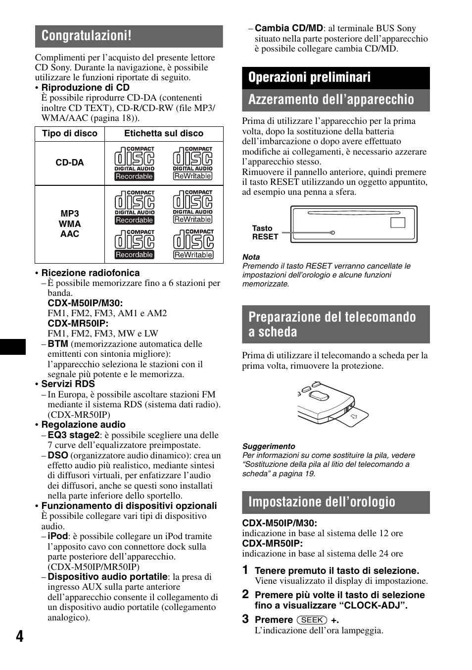Congratulazioni, Operazioni preliminari, Azzeramento dell’apparecchio | Preparazione del telecomando a scheda, Impostazione dell’orologio | Sony CDX-M50IP User Manual | Page 122 / 144