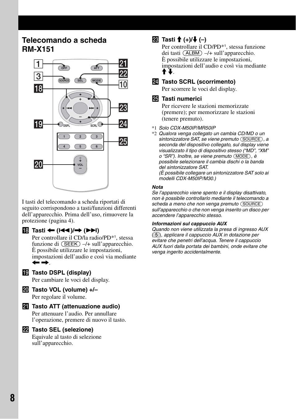 Telecomando a scheda rm-x151, 3ws q; 1 wf qk ql wa w; wg wd | Sony CDX-M50IP User Manual | Page 126 / 144
