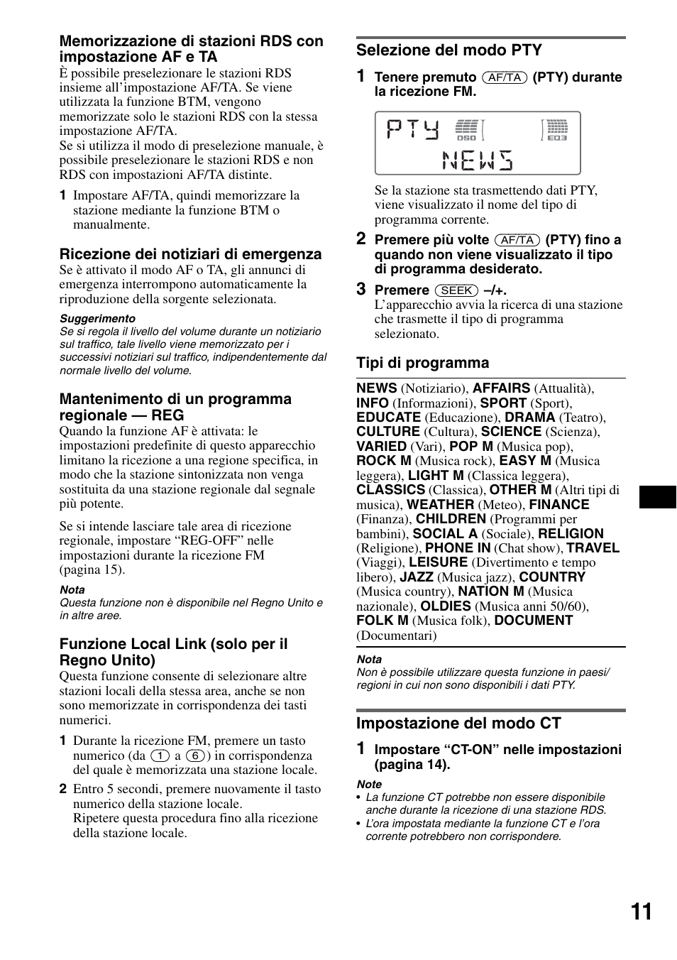 Selezione del modo pty, Impostazione del modo ct, Selezione del modo pty impostazione del modo ct | Sony CDX-M50IP User Manual | Page 129 / 144