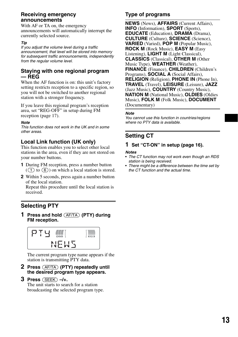 Selecting pty, Setting ct, Selecting pty setting ct | Sony CDX-M50IP User Manual | Page 13 / 144