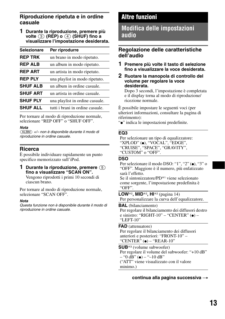 Riproduzione ripetuta e in ordine casuale, Ricerca, Altre funzioni | Modifica delle impostazioni audio, Regolazione delle caratteristiche dell’audio, Riproduzione ripetuta e in ordine casuale ricerca, Altre funzioni modifica delle impostazioni audio | Sony CDX-M50IP User Manual | Page 131 / 144
