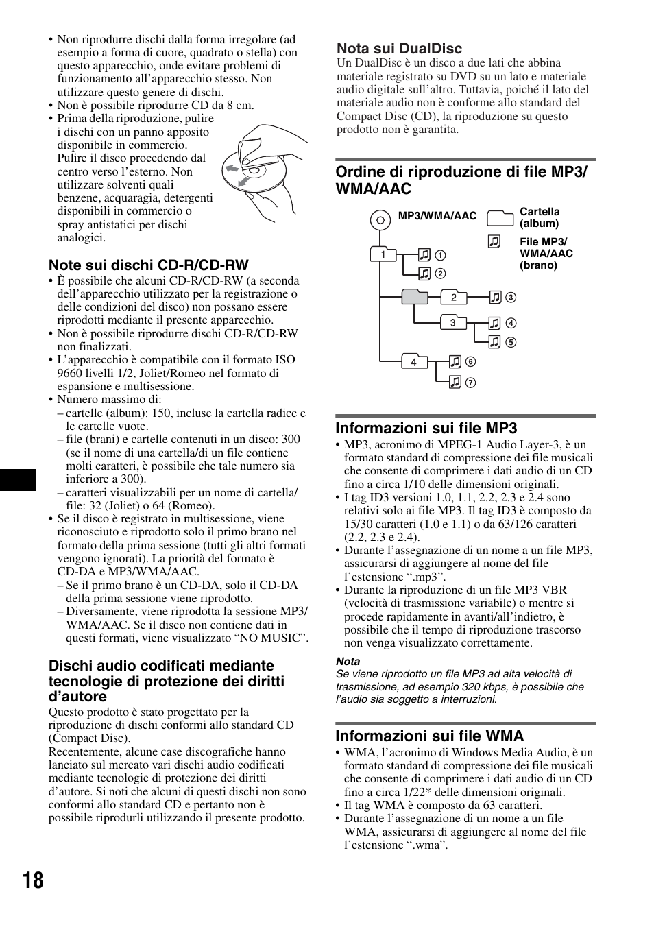 Ordine di riproduzione di file mp3/ wma/aac, Informazioni sui file mp3, Informazioni sui file wma | Sony CDX-M50IP User Manual | Page 136 / 144