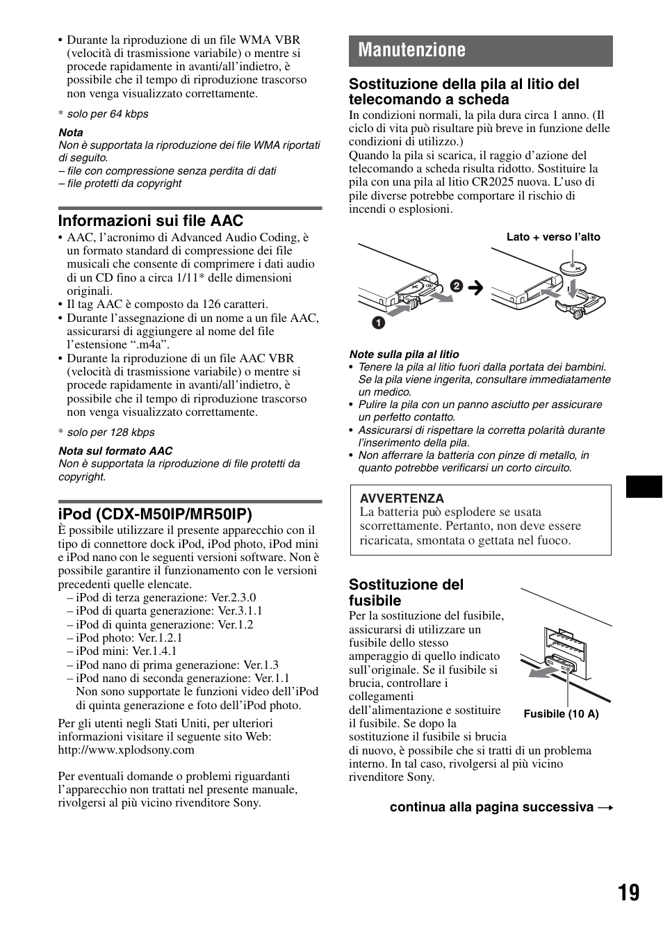 Informazioni sui file aac, Ipod (cdx-m50ip/mr50ip), Manutenzione | Informazioni sui file aac ipod (cdx-m50ip/mr50ip) | Sony CDX-M50IP User Manual | Page 137 / 144