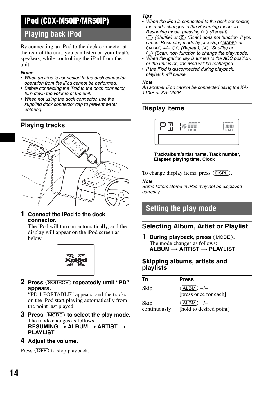 Ipod (cdx-m50ip/mr50ip), Playing back ipod, Playing tracks | Display items, Setting the play mode, Selecting album, artist or playlist, Playing tracks display items, Ipod (cdx-m50ip/mr50ip) playing back ipod, Skipping albums, artists and playlists | Sony CDX-M50IP User Manual | Page 14 / 144