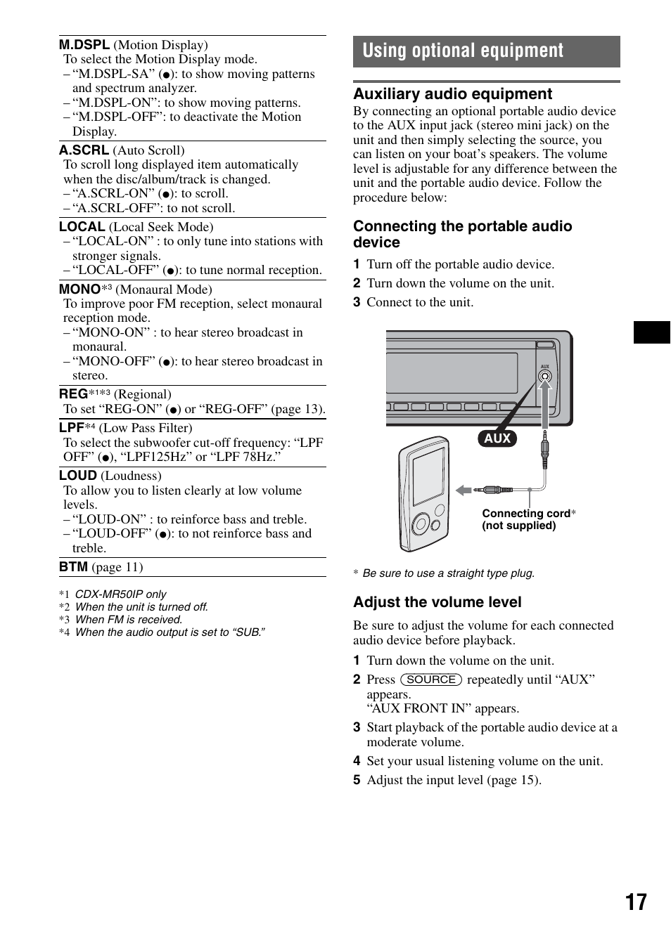 Using optional equipment, Auxiliary audio equipment | Sony CDX-M50IP User Manual | Page 17 / 144