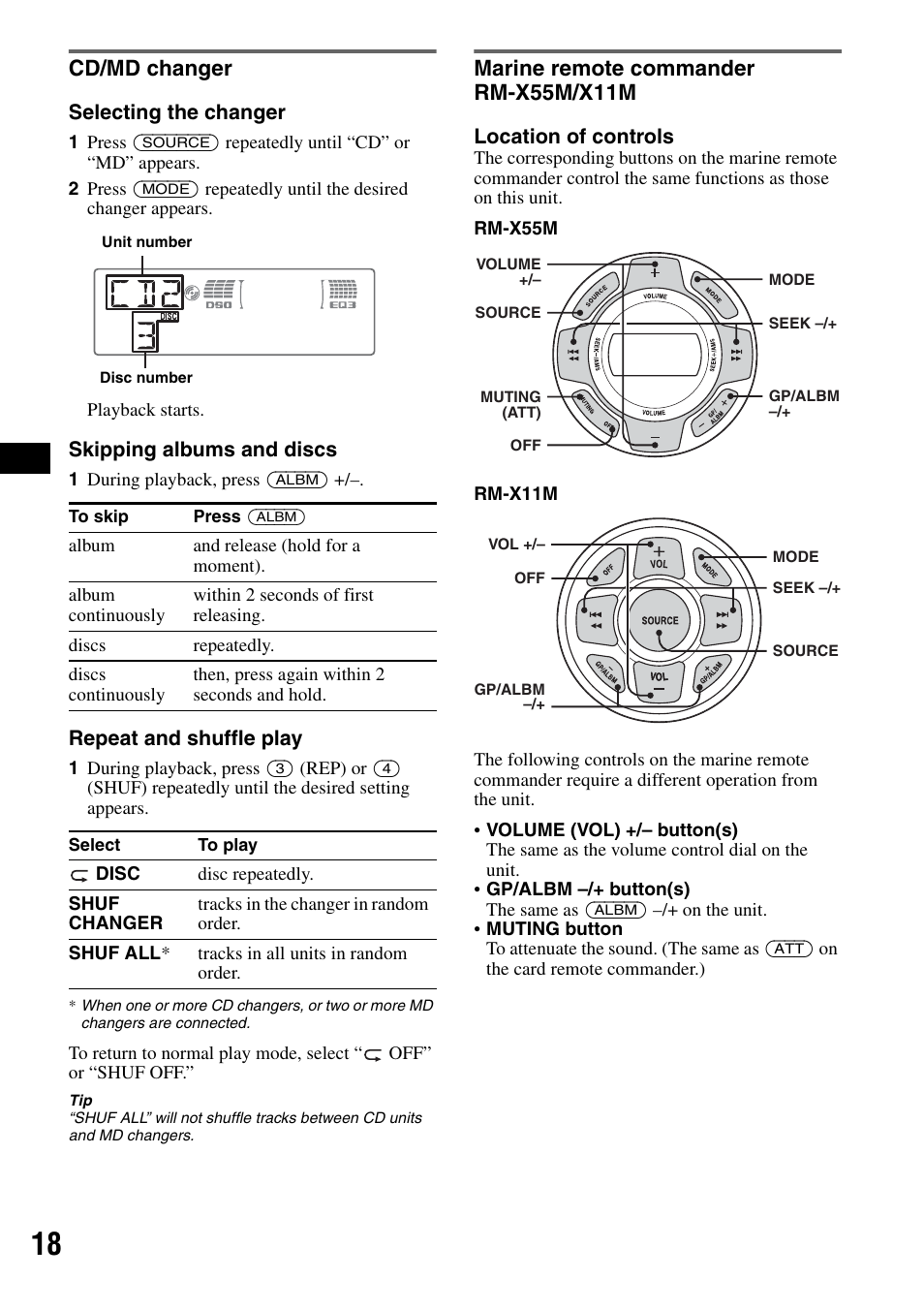 Cd/md changer, Marine remote commander rm-x55m/x11m, Cd/md changer marine remote commander rm-x55m/x11m | Sony CDX-M50IP User Manual | Page 18 / 144