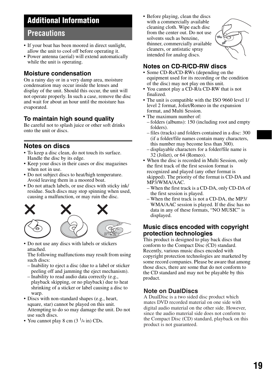 Additional information, Precautions, Notes on discs | Additional information precautions | Sony CDX-M50IP User Manual | Page 19 / 144