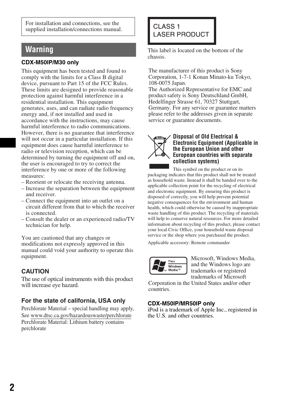 Warning | Sony CDX-M50IP User Manual | Page 2 / 144
