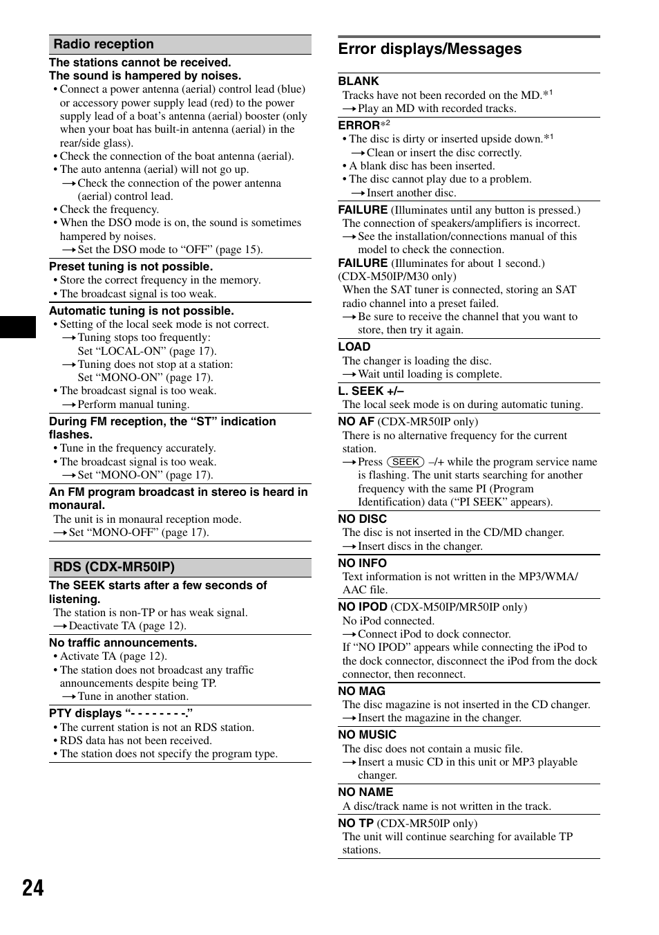 Error displays/messages | Sony CDX-M50IP User Manual | Page 24 / 144