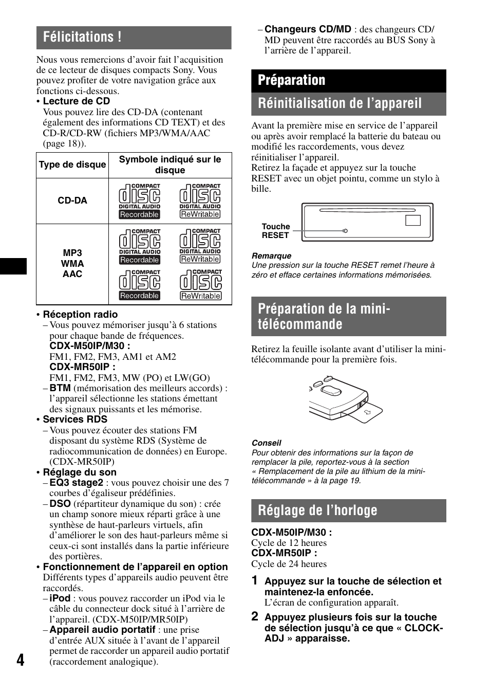 Félicitations, Préparation, Réinitialisation de l’appareil | Préparation de la mini- télécommande, Réglage de l’horloge, Préparation réinitialisation de l’appareil | Sony CDX-M50IP User Manual | Page 28 / 144