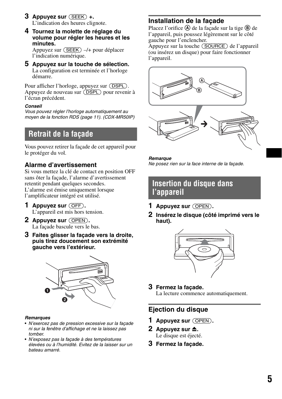 Retrait de la façade, Installation de la façade, Insertion du disque dans l’appareil | Ejection du disque | Sony CDX-M50IP User Manual | Page 29 / 144