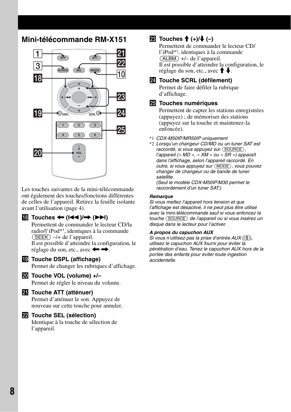 Mini-télécommande rm-x151, 3ws q; 1 wf qk ql wa w; wg wd | Sony CDX-M50IP User Manual | Page 32 / 144