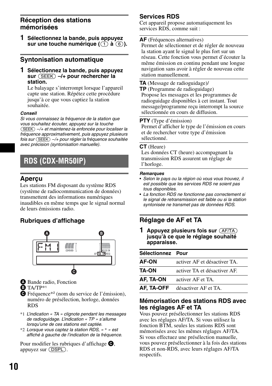 Réception des stations mémorisées, Syntonisation automatique, Rds (cdx-mr50ip) | Aperçu, Réglage de af et ta, Aperçu réglage de af et ta | Sony CDX-M50IP User Manual | Page 34 / 144