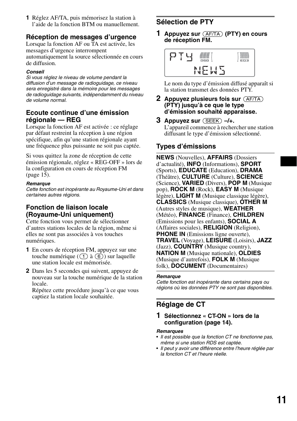 Sélection de pty, Réglage de ct, Sélection de pty réglage de ct | Sony CDX-M50IP User Manual | Page 35 / 144