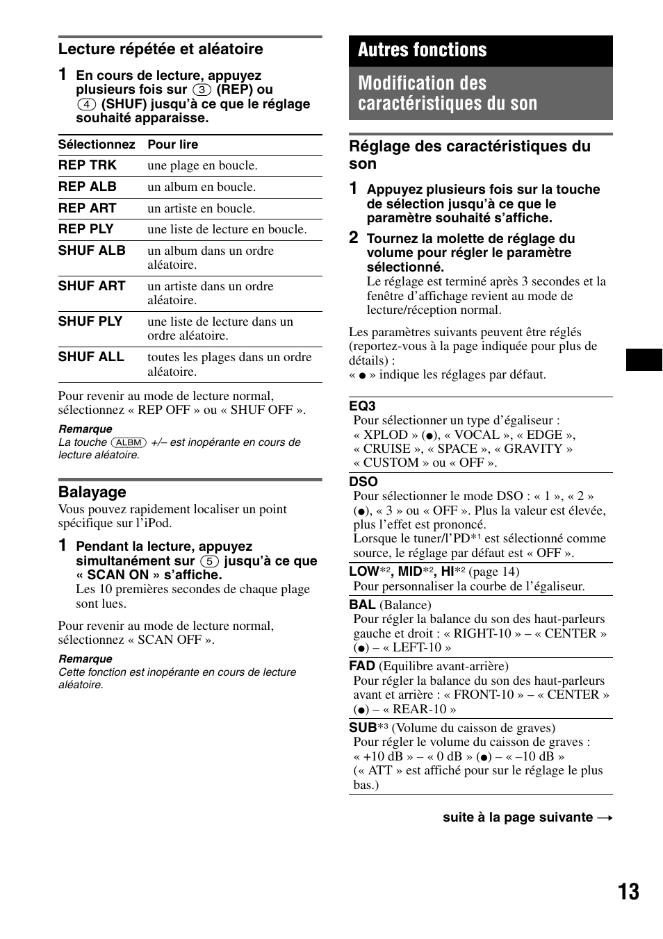 Lecture répétée et aléatoire, Balayage, Autres fonctions | Modification des caractéristiques du son, Réglage des caractéristiques du son, Lecture répétée et aléatoire balayage | Sony CDX-M50IP User Manual | Page 37 / 144