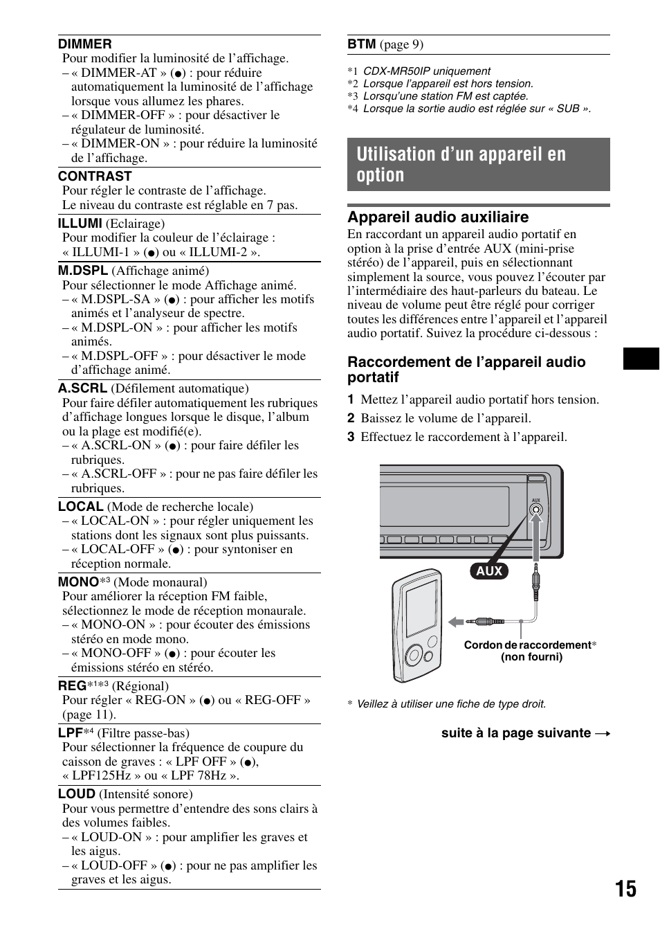 Utilisation d’un appareil en option, Appareil audio auxiliaire | Sony CDX-M50IP User Manual | Page 39 / 144