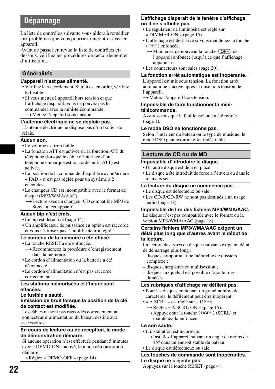 Dépannage | Sony CDX-M50IP User Manual | Page 46 / 144