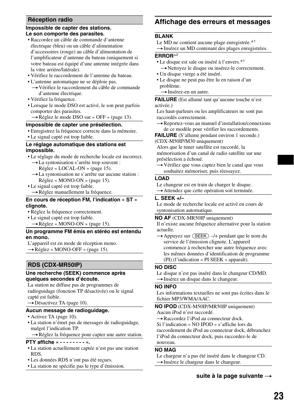 Affichage des erreurs et messages | Sony CDX-M50IP User Manual | Page 47 / 144