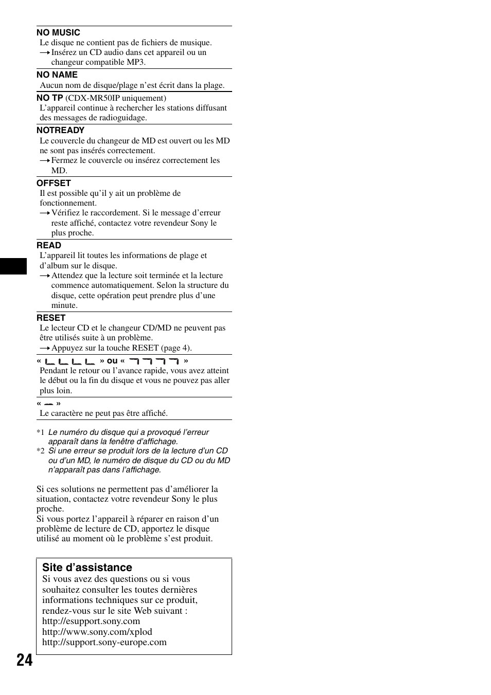 Site d’assistance | Sony CDX-M50IP User Manual | Page 48 / 144