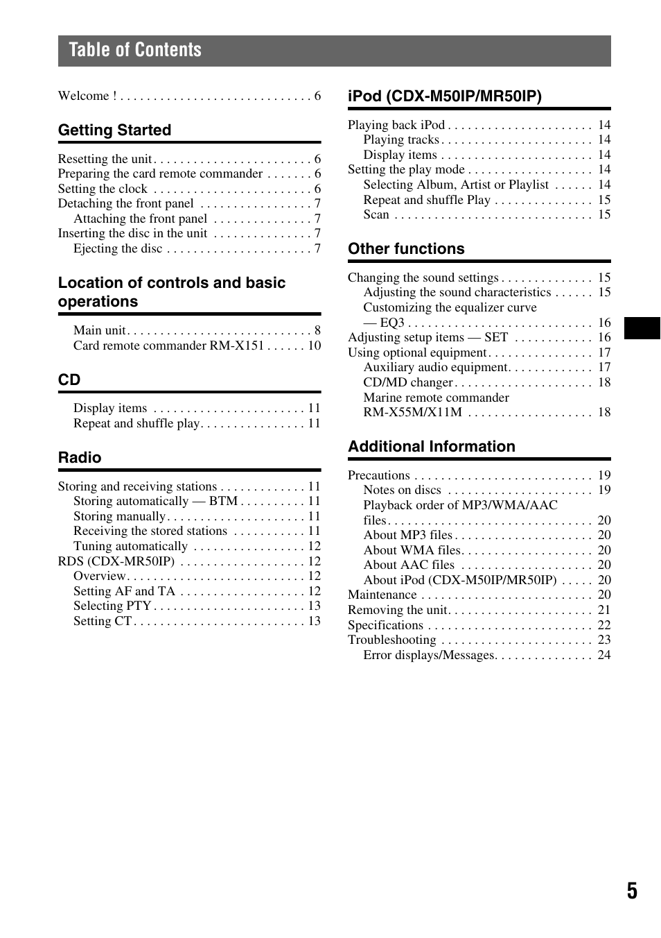 Sony CDX-M50IP User Manual | Page 5 / 144