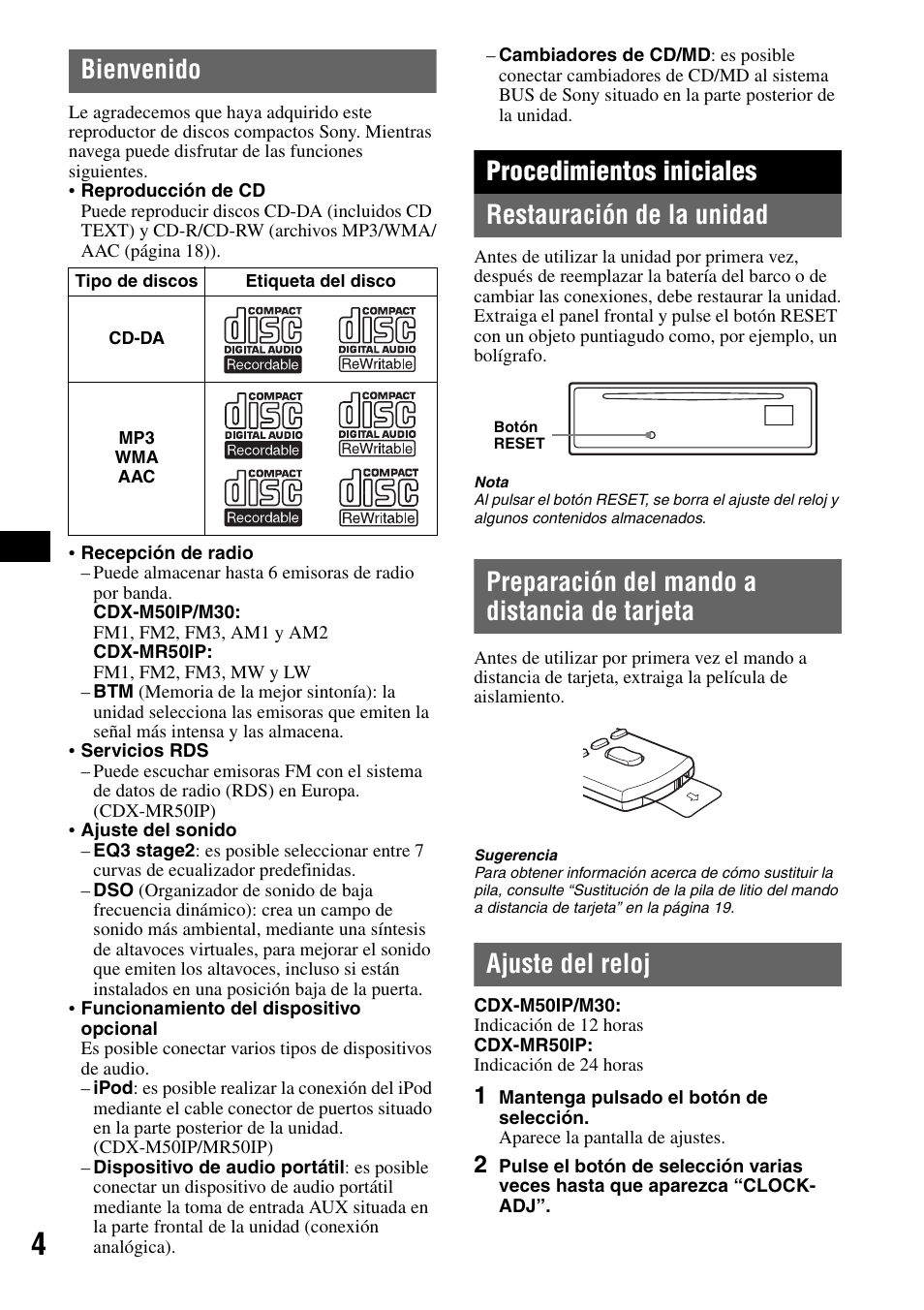 Bienvenido, Procedimientos iniciales, Restauración de la unidad | Preparación del mando a distancia de tarjeta, Ajuste del reloj, Procedimientos iniciales restauración de la unidad | Sony CDX-M50IP User Manual | Page 52 / 144