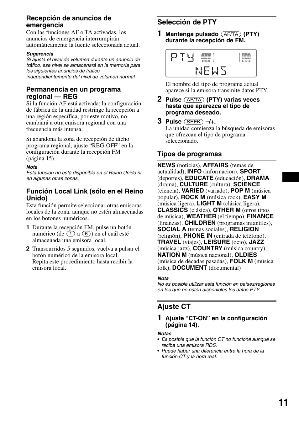 Selección de pty, Ajuste ct, Selección de pty ajuste ct | Sony CDX-M50IP User Manual | Page 59 / 144