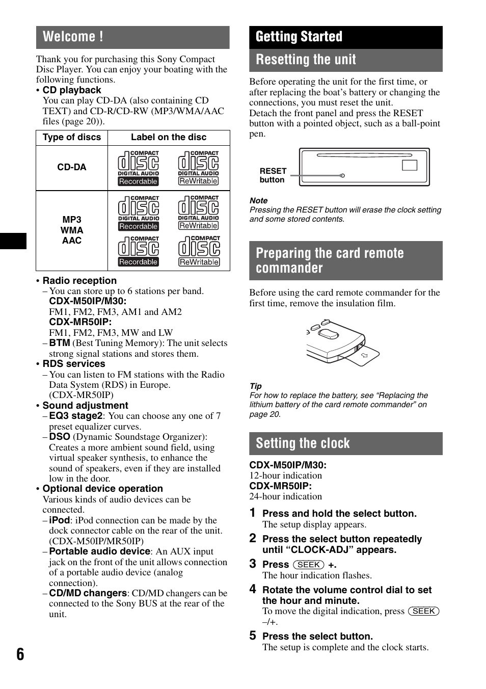 Welcome, Getting started, Resetting the unit | Preparing the card remote commander, Setting the clock, Getting started resetting the unit | Sony CDX-M50IP User Manual | Page 6 / 144