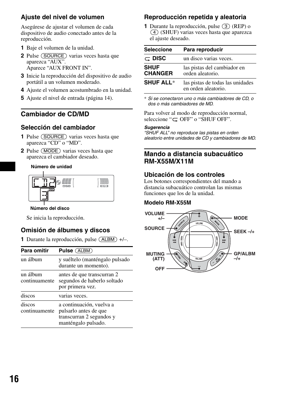 Cambiador de cd/md, Mando a distancia subacuático rm-x55m/x11m | Sony CDX-M50IP User Manual | Page 64 / 144
