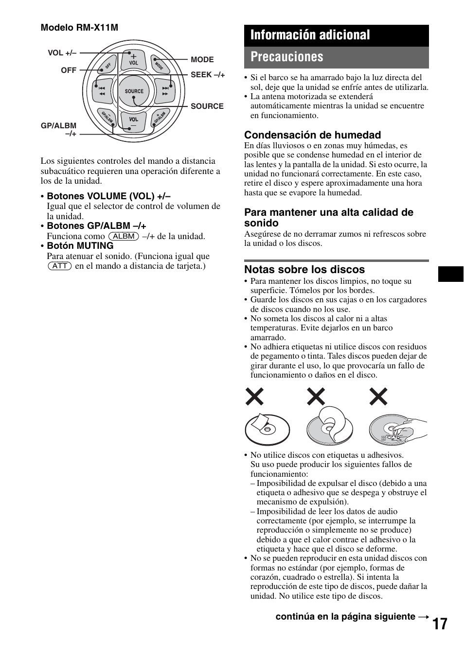 Información adicional, Precauciones, Notas sobre los discos | Información adicional precauciones | Sony CDX-M50IP User Manual | Page 65 / 144
