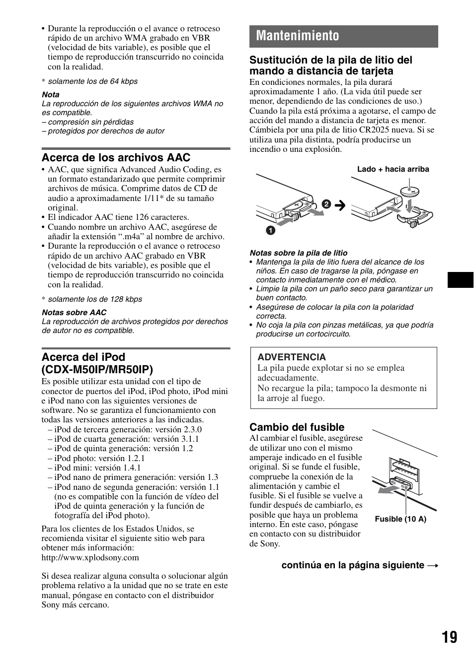 Acerca de los archivos aac, Acerca del ipod (cdx-m50ip/mr50ip), Mantenimiento | Sony CDX-M50IP User Manual | Page 67 / 144