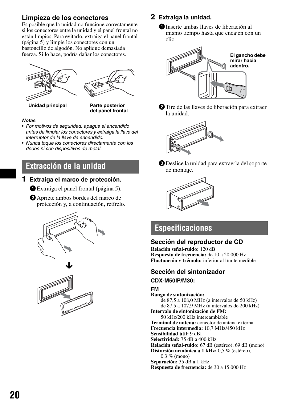 Extracción de la unidad, Especificaciones, Extracción de la unidad especificaciones | Sony CDX-M50IP User Manual | Page 68 / 144