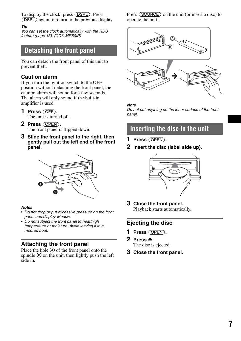 Detaching the front panel, Attaching the front panel, Inserting the disc in the unit | Ejecting the disc | Sony CDX-M50IP User Manual | Page 7 / 144