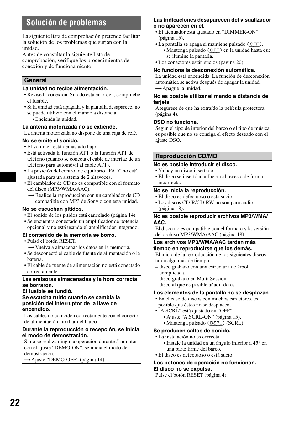 Solución de problemas | Sony CDX-M50IP User Manual | Page 70 / 144