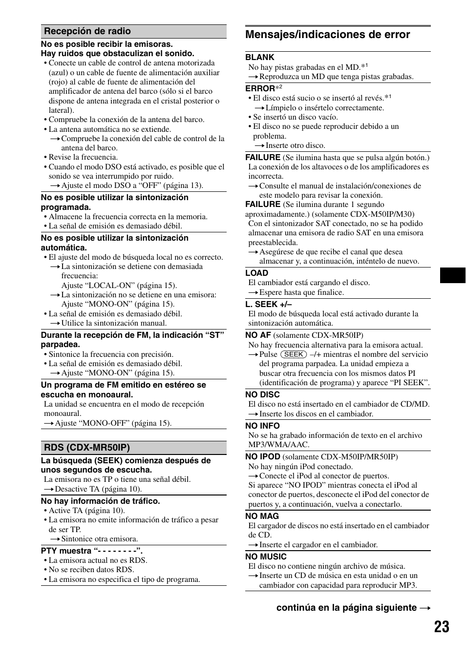 Mensajes/indicaciones de error | Sony CDX-M50IP User Manual | Page 71 / 144