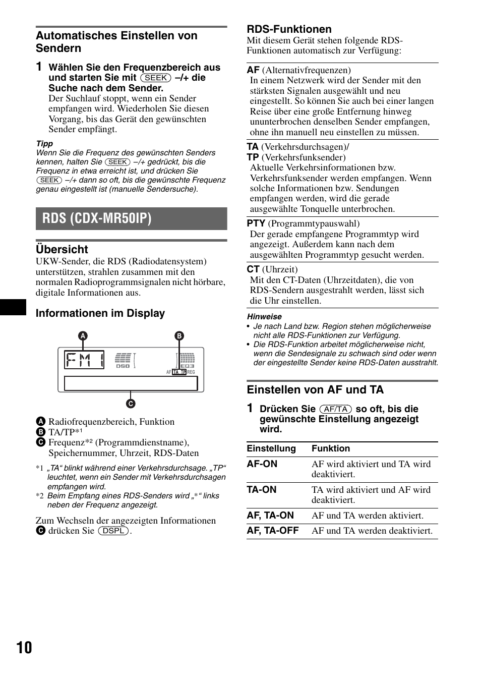 Automatisches einstellen von sendern, Rds (cdx-mr50ip), Übersicht | Einstellen von af und ta, Übersicht einstellen von af und ta, R50ip) seite 10 | Sony CDX-M50IP User Manual | Page 82 / 144